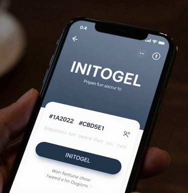 A premium close-up of a mobile smartphone screen displaying the INITOGEL login page with sophisticated UI elements in #1A202C and #CBD5E0. The phone is held by a hand in a dimly lit, luxury setting.