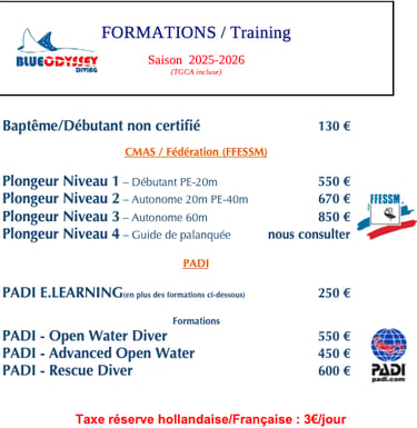 Tarifs des Certifications CMAS/FFESSM