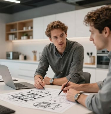 Professional designers discussing a technical 3D layout of a modular kitchen in a modern office, reflecting expertise and trust.
