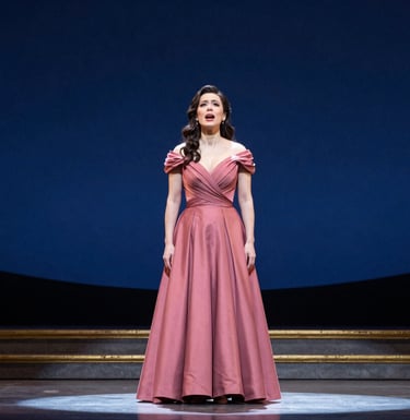 A dramatic wide shot of a soprano in a deep rose gown performing on an opera stage with ornate gold sets, emotional expression, spotlight on the performer, dark blue background.