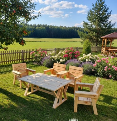 Medinis Lauko baldų komplektas - stalas, dvi kėdės ir suoliukas su integruotu staliuku per vidurį
