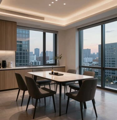 An interior shot of a sleek, contemporary dining room in an International / Global city. The design is minimalist with light wood accents and charcoal furniture. Soft evening light filters through large windows, creating a professional and trustworthy mood.