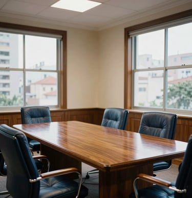 Interior of a classic and elegant legal meeting room in Brazil. Large windows show a subtle urban view, with a solid wood table and leather chairs. The atmosphere is formal and institutional, featuring soft lighting and a palette of navy blue and warm wood.