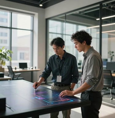 A professional North American male and female professional collaborating over a large digital screen in a modern, sunlit tech hub with premium glass partitions.