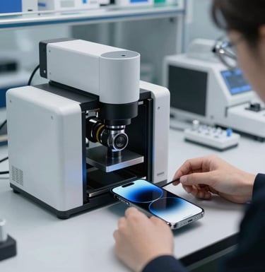A high-end, clean-room laboratory in a Global / North American facility where premium smartphones undergo high-tech optical scanner diagnostics. Minimalist black, white, and blue ambient light casts reflections on the glass phone screens.