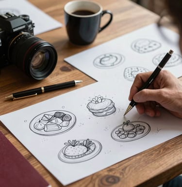 A behind-the-scenes shot of a content planning session. A wooden table with sketches of food layouts, a camera lens, and a cup of coffee. Accents of deep carmine red and dark slate are visible in the stationery and equipment.