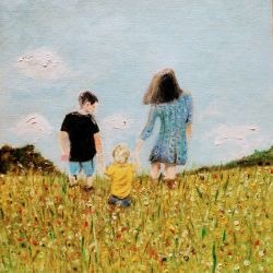 a painting of children walking through a field