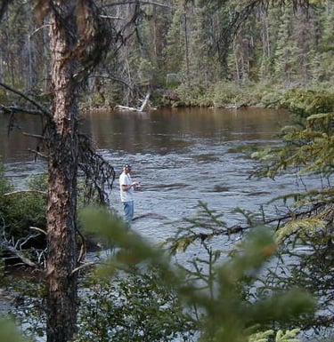 a man standing in a river with a fishing rod