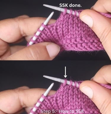 Completed SSK knitting decrease, showing the finished left-leaning stitch. Step 5 of the SSK tutorial.