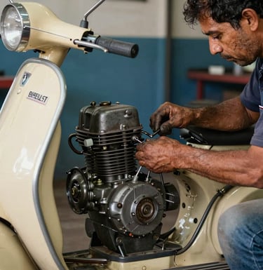 A nostalgic photograph of an experienced mechanic working on a vintage engine in a South American Brazilian garage. The composition shows worn hands, old tools, and a cream-colored scooter frame.