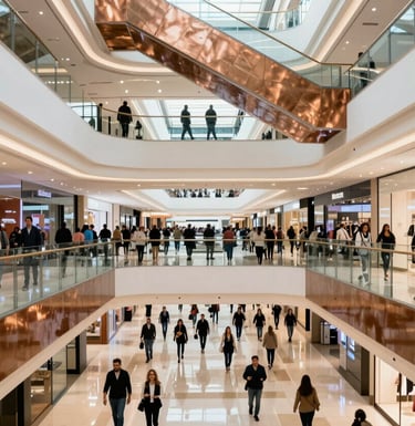 Interior view of a bustling shopping mall in Gran Buenos Aires, Argentina. The composition shows multiple levels with modern glass railings and warm bronze accents. Professional shoppers in stylish attire walk through the bright corridors.