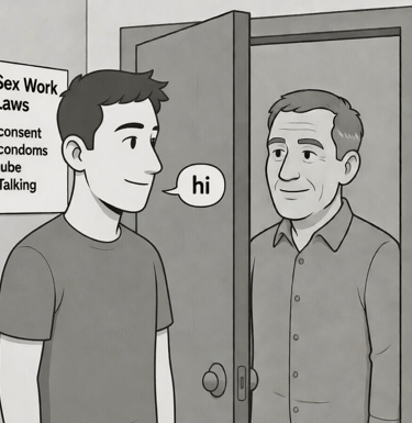 Male inside with sex work law poster another older male on the other side of door
