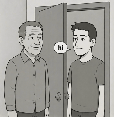 Older male opening door to younger male saying hi in a text bubble