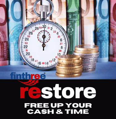 un orologio e monete e banconote con sotto le scritte finthree restore free up your cash & time