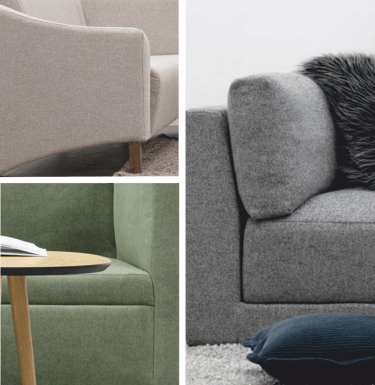 Close-up collage of modern fabric sofas in light grey and olive green, showcasing armrests and upholstery textures.