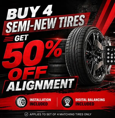 Buy 4 semi-new tires and get 50% off alignment in East Los Angeles. Installation digital balancing