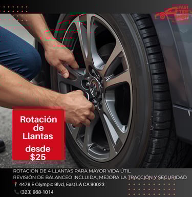 Mechanic rotating car tires to improve traction and extend tire life in East LA