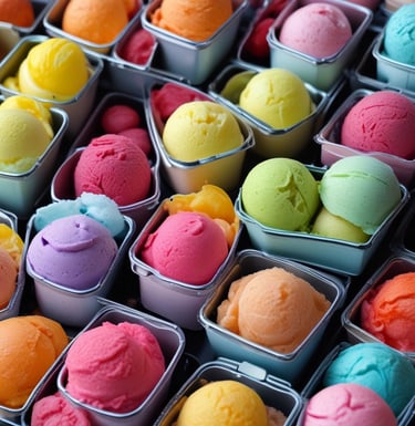 Ice cream cups with the label Delicious Ice Cream are stacked on a reflective surface. The background is a mix of colorful and blurred lights, giving a festive or carnival-like atmosphere. There is a red object to the right, possibly part of a vending machine or a counter, with the number 25 displayed digitally.