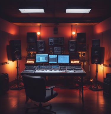 A vibrant studio setup with musical instruments.