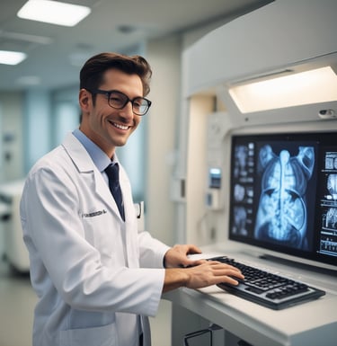 Happy doctor working with medical imaging