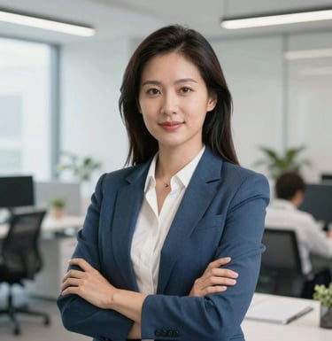 A professional portrait of a marketing consultant in a bright, modern US office. They are looking confidently at the camera, wearing stylish business casual attire, with a soft-focus office interior in Steel Blue and White tones in the background.