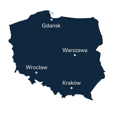 Mapa Polski z miastami Gdańsk, Warszawa, Kraków, Wrocław