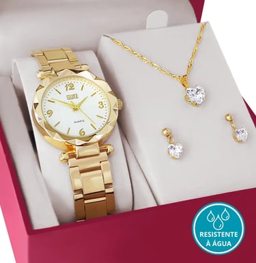 Relógio Feminino + Kit Colar Brincos Folheado Ouro 18k
