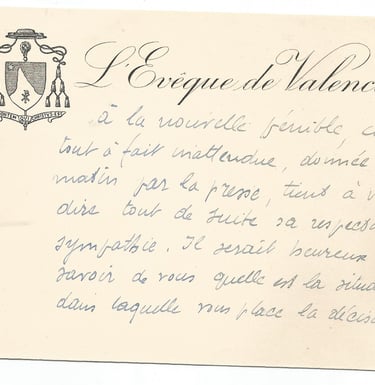 courrier de l'eveque de valence camille pic à marcel lanquetin prefet revoqué 18 sept 1940