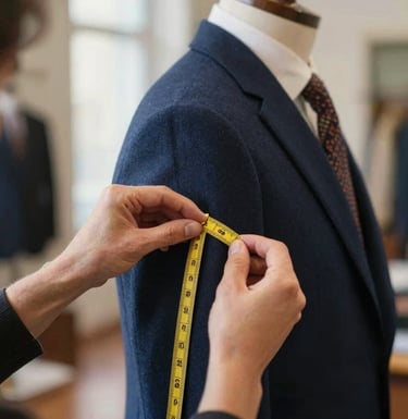 Detailed shot of a tailor's hands precisely measuring the shoulder of a navy blue wool jacket on a client, soft natural light, luxury interior design, European / Spanish.