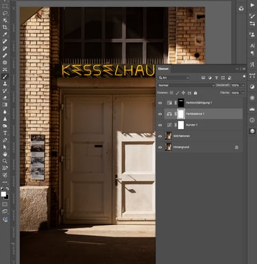 Photoshop-Arbeitsfläche mit Ebenen – Beispiel aus dem Kurs Grundlagen Photoshop Basel.