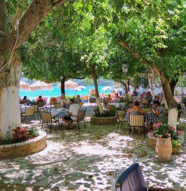 a group of people sitting at tables in a restaurant