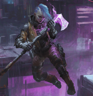 A space pirate with a glowing purple axe