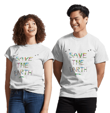 Adults wearing white tshirts with the words Save The Earth printed on in tropical exotic wordart
