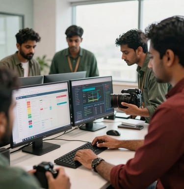 Behind the scenes of a dynamic digital marketing agency team in a bright modern South Asian / Indian studio setting, reviewing social media campaign analytics on screens and holding camera gear, with subtle matte forest green and warm crimson visual accents.