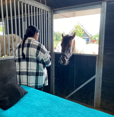 vrouw in een stal met een behandeltafel en een paard over de halve staldeur