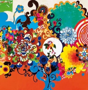 Pintura colorida de Beatriz Milhazes com formas geométricas e florais.