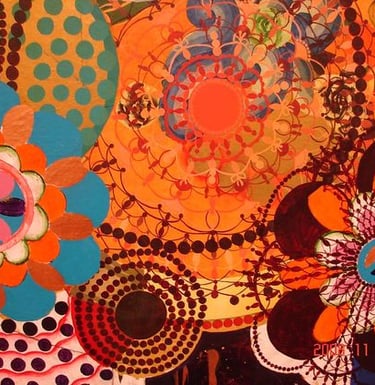 Quadro de Milhazes combinando barroco e modernismo com motivos florais.