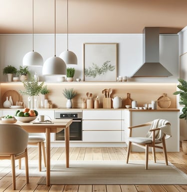Cozinha moderna e wellness com mesa de madeira e plantas.