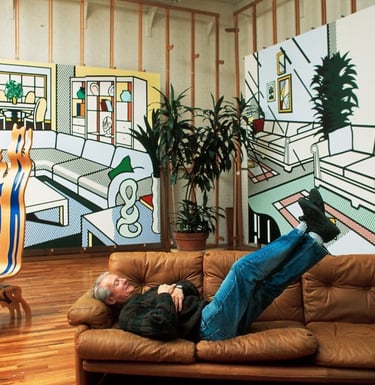 Roy Lichtenstein em seu estúdio em Greenwich Village. Fotografia de Thomas Hoepker/Magnum Photos