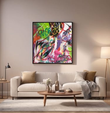 Sala de estar elegante com uma parede decorada com quadros de POP-ART, misturando arte moderna.
