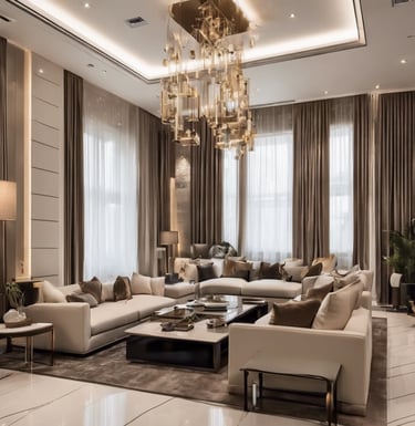 a living room with a chandelier and a sofa set with unique  center table 