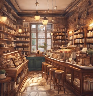 a store with a wooden counter top and shelves filled with books