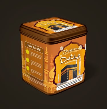 Traditional and elegant packaging design for Dhakira Dates, reflecting heritage and authenticity.