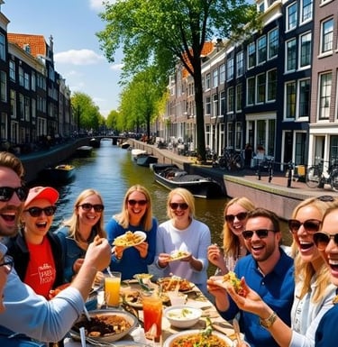 a group of people in amsterdam sitting at a table with food