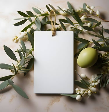 eine visitenkarte platziert in olivenblätter, rechts eine olive