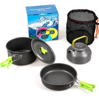 Portable camping cookware set with non-stick frying pan, pot, tea kettle, and mesh storage bag.