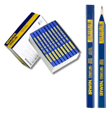 Irwin Strait-Line blue carpenter pencils in a bulk box for construction and marking woodworking projects.