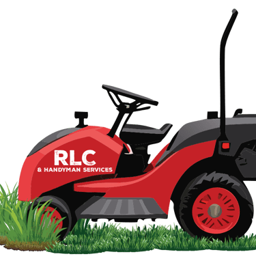 Ryan's Lawncare and handyman services logo. Red and black cartoon ride on lawnmower