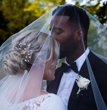 a bride and groom kissing on their wedding day