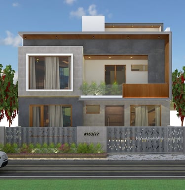 a modern house with a car parked in front of it